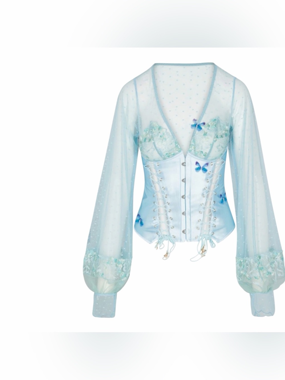 Empress Mimi Madame X Blue Butterfly Lace Corset XXL NWT Sheer Polka Dot Sleeves
